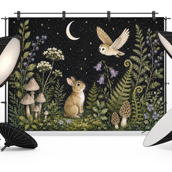 Cute Rabbit Backdrops for Photography, Midnight Moon Forest Flying Owl Green Fern Fronds Mushroom Fabric Photo Background Sturdy Studio Props for Photo Studio, Video Recording Photoshoot 7x5ft
