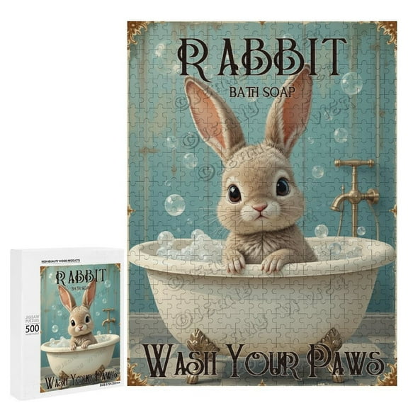Cute Rabbit Is In The Bath Tub 500 Piece Jigsaw Puzzle for Adults,Rabbit Puzzle - Unique Shape Animal Wood Puzzle, Fun Challenging Wooden Jigsaw Puzzles Gifts