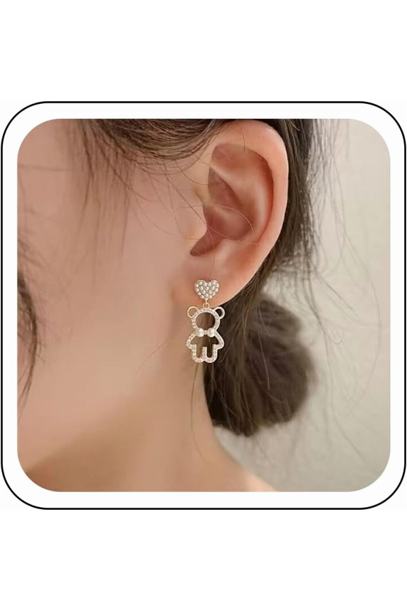 Cute Rabbit Bear Earrings Pearl Rhinestone Bunny Dangle Earrings Imitation Pearl, Cz, Style Q4045