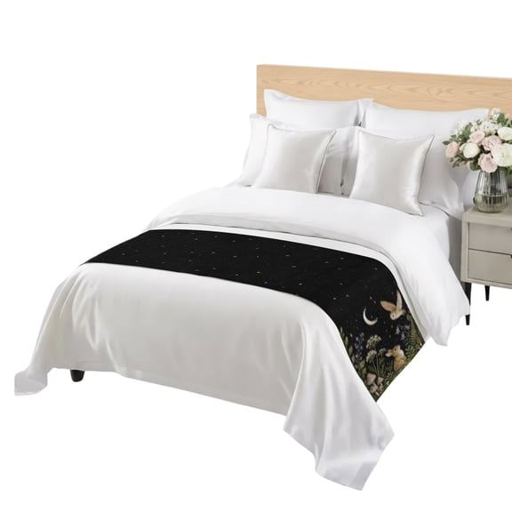 Cute Rabbit Bed Runner for Queen Size Bed, Midnight Moon Forest Flying Owl Green Fern Fronds Mushroom Soft Bedding Scarf Bedding Protector Slipcover Sofa Throw for Bedroom Hotel Guesthouse