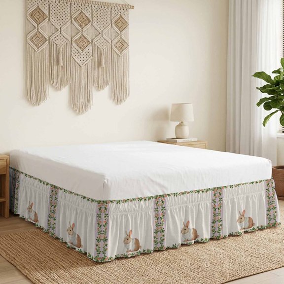 Cute Rabbit Bed Skirt Bed Skirts Queen Size 16 Inch Drop, Spring Pink Rose Flower Green Leaf Purple Border Linen Wrap Around Dust Ruffle Bedskirt with Adjustable Elastic Belt for Queen Size Beds