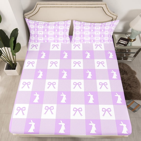 Cute Rabbit Bedding Set Full Size,Spring Easter Animal Princess Bowknot Fitted Sheet,Purple Geometric Plaids Kawaii Bow Patchwork Sheet Set Teens Bedroom(No Flat Sheet)