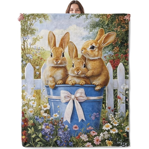 Cute Rabbit Blanket, Lightweight Comfy Lovely Bunny in Blue Bucket Blankets for Couch Sofa Bedroom, Soft Plush Travel Flannel Throw Blanket Gifts for Adults Kids Women, Home Decor 50×60in