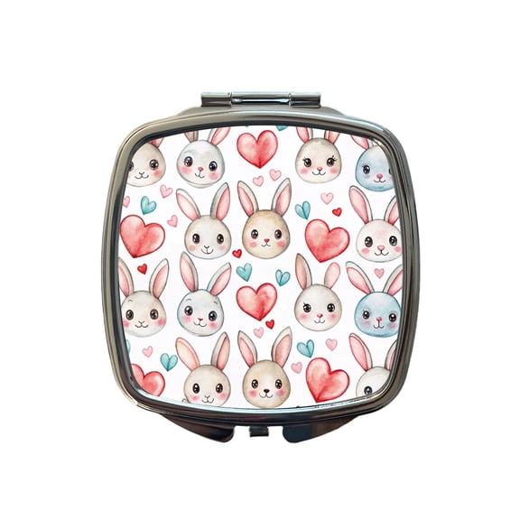 Cute Rabbit Bunny Faces Hearts Easter Travel Makeup Handbag Purse Small Pocket Compact Mirror