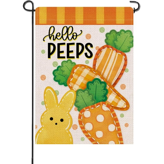 Cute Rabbit Carrot Easter Hello Peeps Garden Flag - 12x18" Polka Dot Burlap Spring Yard Lawn Outside Home Decor Double Sided
