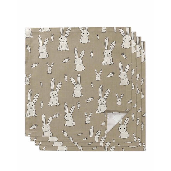 Cute Rabbit Cloth Napkins Set of 4 Reusable Dinner Napkins, Cartoon Carrots Harmony Brown Cocktail Napkin Washable Table Napkins for Wedding/Holiday Party/Baby Shower 20"x20"