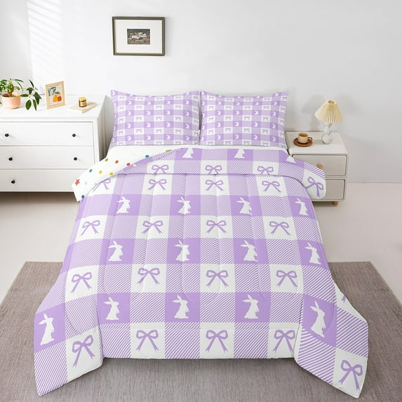 Cute Rabbit Comforter Set,Spring Easter Animal Princess Bowknot Bedding Set for Teens Adults Room,Purple Geometric Plaids Kawaii Bow Patchwork Quilt Set 3 Pcs with 2 Pillowcases,Queen