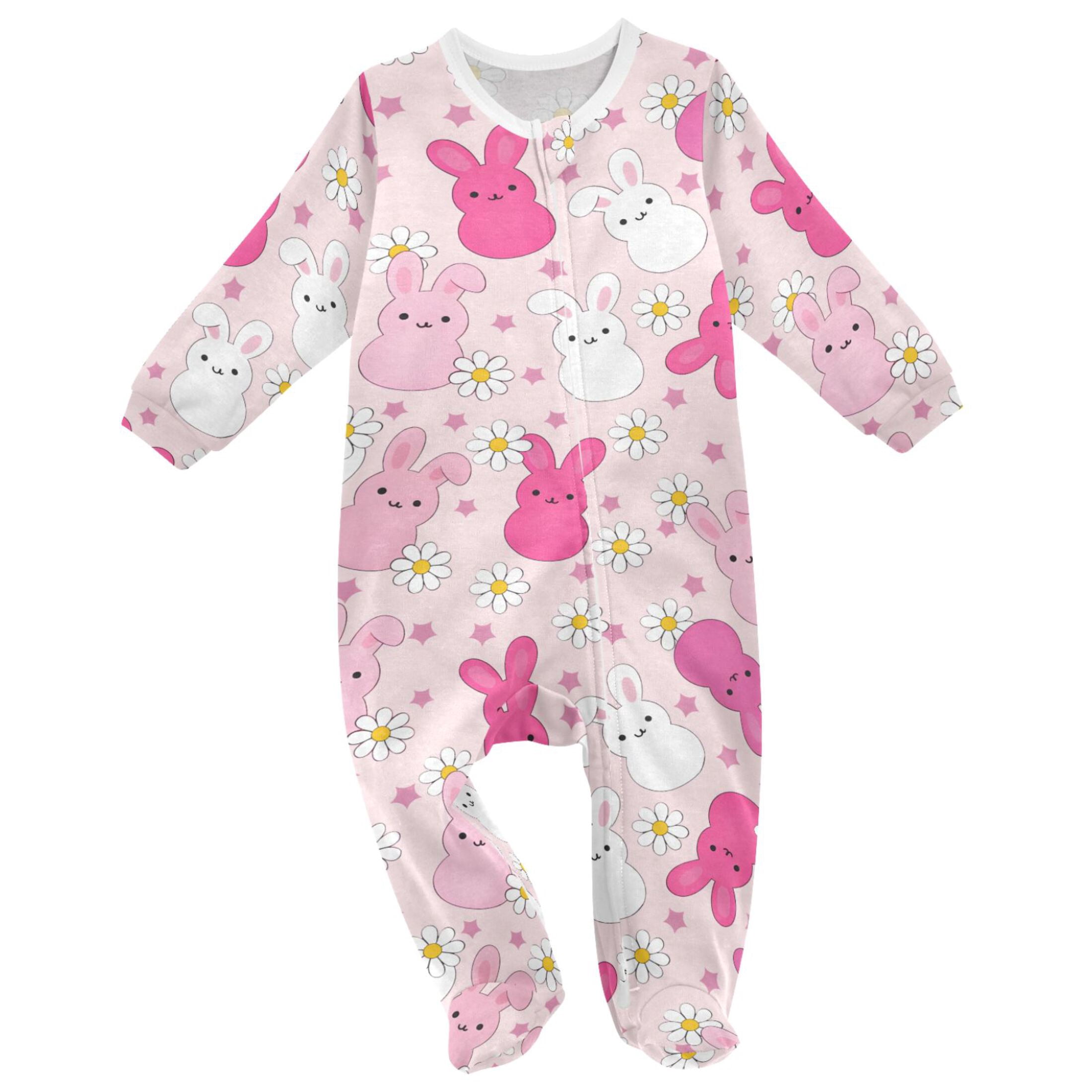 Cute Rabbit Daisy Floral Baby Sleeper One-Piece Footies Newborn Roomper ...