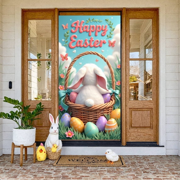 Cute Rabbit Design Easter Rabbit Banner Floral Pattern Spring Floral Display Spring Theme Colorful Flowers Bunny Garden Backdrop for Easter Celebration Spring Party Kids Birthday
