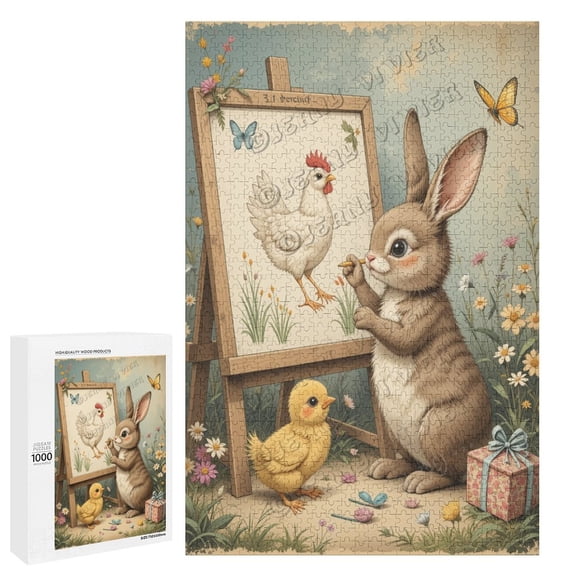 Cute Rabbit Drawing A Picture 1000 Piece Jigsaw Puzzle for Adults,Rabbit Puzzle - Unique Shape Animal Wood Puzzle, Fun Challenging Wooden Jigsaw Puzzles Gifts