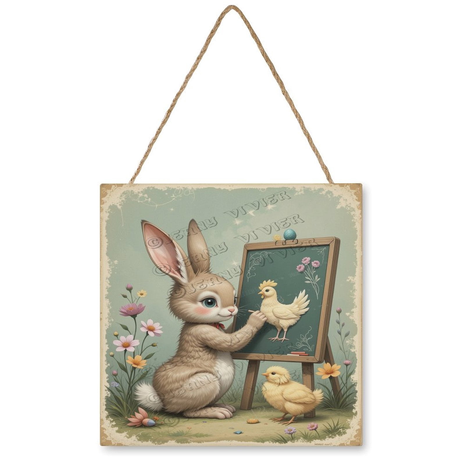Cute Rabbit Drawing A Picture Easter Wooden Hanging Sign Easter Bunny ...