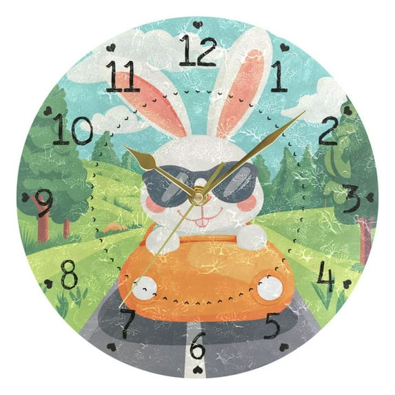 Cute Rabbit Drive Trees Round Wall Clock Silent Analog Battery Operated Gold Pointer Home Decor 9.84" Diameter