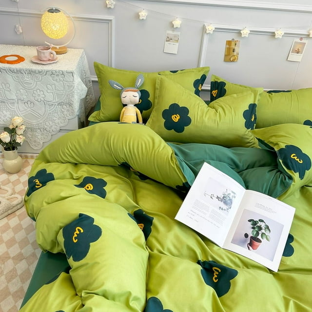 Cute Rabbit Duvet Cover Set No filler Flat Sheet Pillowcase Green White