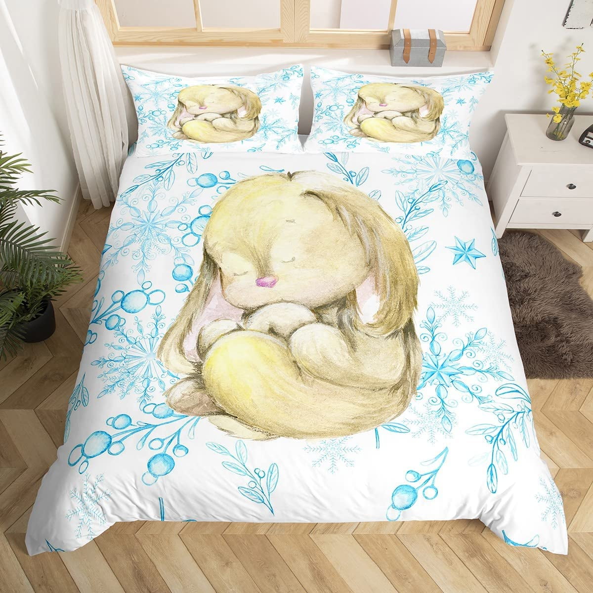 Cute Rabbit Duvet Cover Set Twin Colorful Flower Bedding Set Microfiber ...