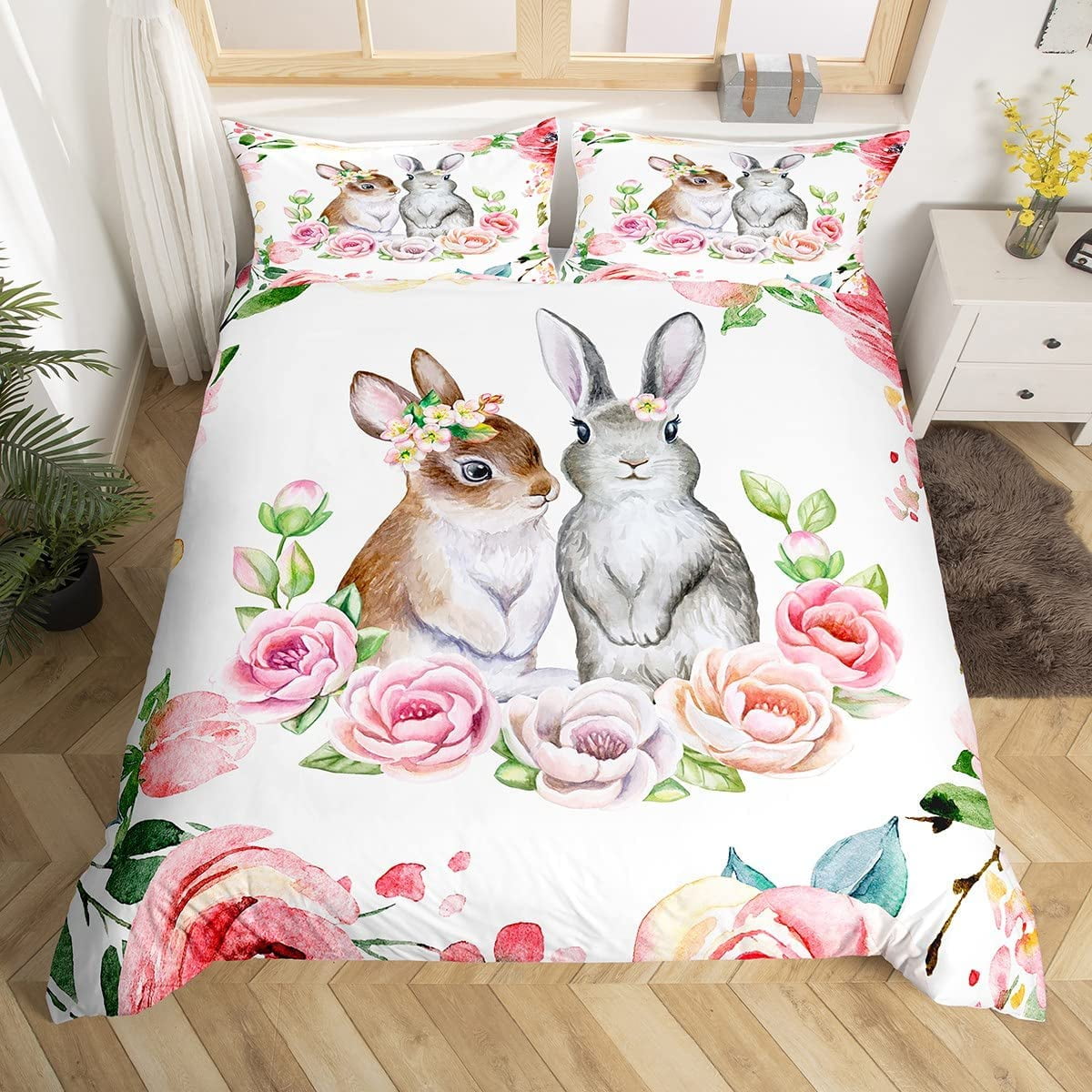 Cute Rabbit Duvet Cover Set Twin Colorful Flower Bedding Set Microfiber ...