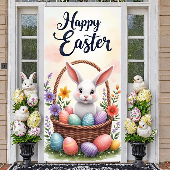 Cute Rabbit Easter Banner Colorful Eggs Rabbit Backdrop Spring Flowers Pastel Colors Easter Event Background for Easter Party Family Gathering Photo Shoot