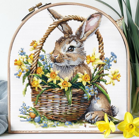 Cute Rabbit and Easter Basket Daffodils DIY 11CT Stamped Cross Stitch Kits for Beginners Easy Needlepoint Embroidery Counted Cross Stitch Art Craft for Wall Decoration 16x16inch(1)
