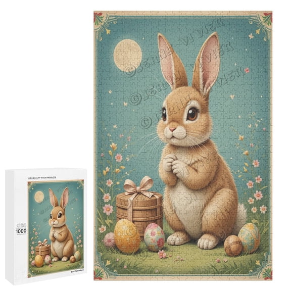 Cute Rabbit With Easter Eggs 1000 Piece Jigsaw Puzzle for Adults,Rabbit Puzzle - Unique Shape Animal Wood Puzzle, Fun Challenging Wooden Jigsaw Puzzles Gifts