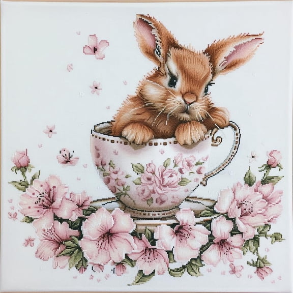 Cute Rabbit in Easter Teacup DIY 11CT Stamped Cross Stitch Kits for Beginners Easy Needlepoint Embroidery Counted Cross Stitch Art Craft for Wall Decoration 16x16inch(3)