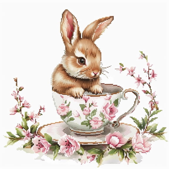 Cute Rabbit in Easter Teacup DIY 11CT Stamped Cross Stitch Kits for Beginners Easy Needlepoint Embroidery Counted Cross Stitch Art Craft for Wall Decoration 16x16inch(4)