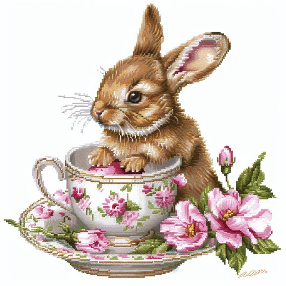 Cute Rabbit in Easter Teacup DIY 11CT Stamped Cross Stitch Kits for Beginners Easy Needlepoint Embroidery Counted Cross Stitch Art Craft for Wall Decoration 16x16inch(2)