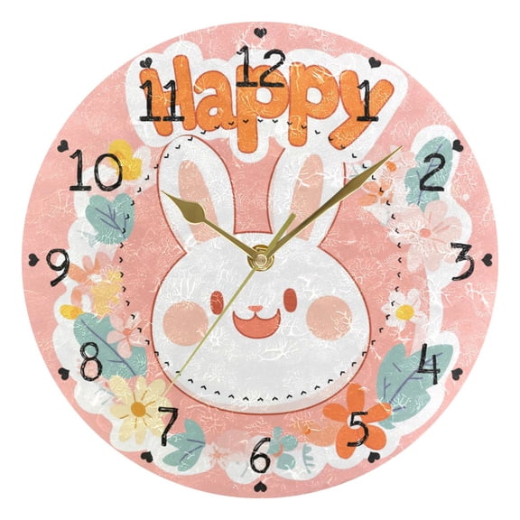 Cute Rabbit Face Garland Easter Round Wall Clock Silent Analog Battery Operated Gold Pointer Home Decor 9.84" Diameter