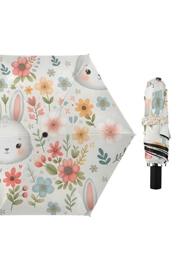 Cute Rabbit Face and Flowers Compact Sun Umbrella Windproof Travel Umbrellas for Rain Strong Portable UV Protection