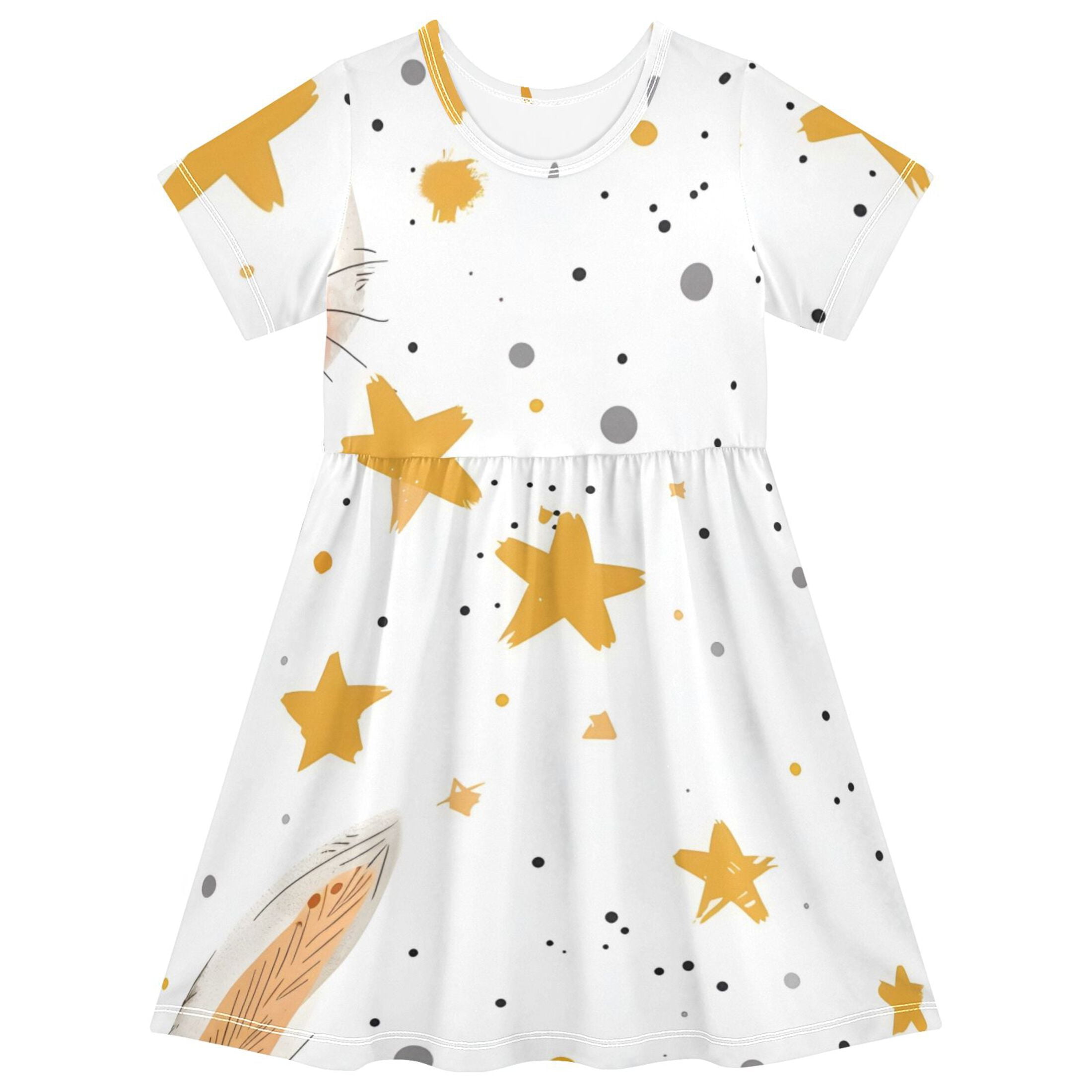 Cute Rabbit Faces Yellow Stars Girls' Short Sleeve Dress A-Line One ...
