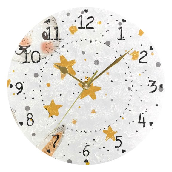 Cute Rabbit Faces Yellow Stars Round Wall Clock Silent Analog Battery Operated Gold Pointer Home Decor 9.84" Diameter