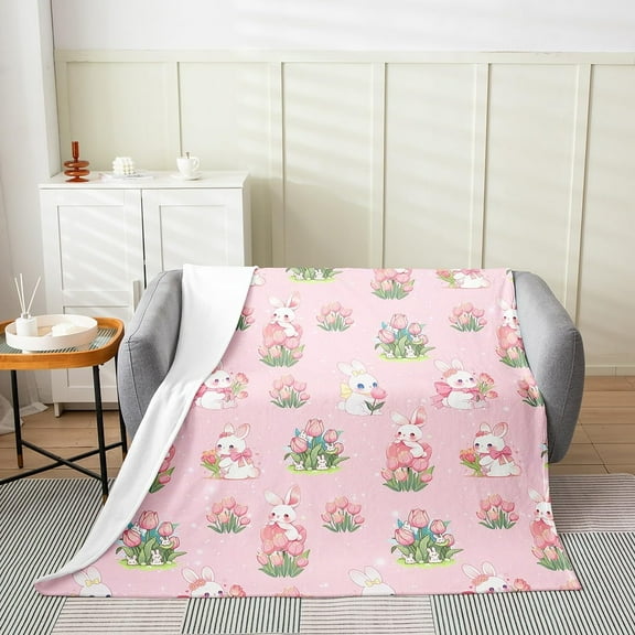 Cute Rabbit Flannel Fleece Throw Blanket Twin 60"x80" Lovely Bunny Fuzzy Blanket for Sofa Couch Floral Rabbit All Season Bed Blanket Cartoon Bunny Plush Blanket Twin 60"x80"