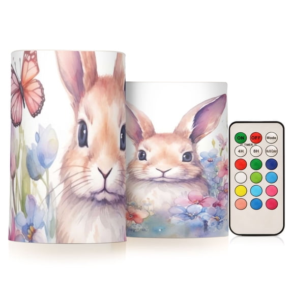 Cute Rabbit Flickering Flameless Candles Battery Operated with Remote Timer LED Pillar Candles Set of 2