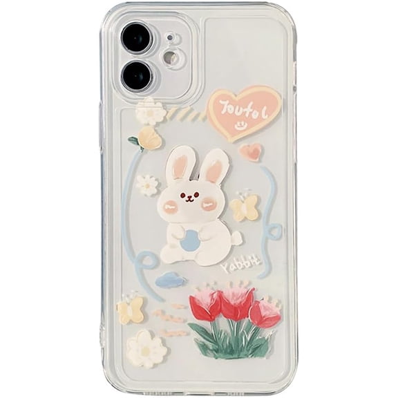 Cute Rabbit Flower Love Heart Clear Soft  for iPhone Case (Clear,iPhone 15)