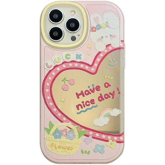 Cute Rabbit Flower Love Heart Mirror Soft for iPhone Case (Pink,iPhone 12 Pro Max)