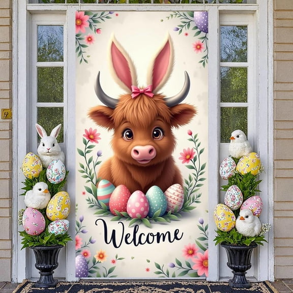 Cute Rabbit Happy Easter Banner Colorful Eggs Easter Display Flower Basket Spring Floral Bunny Backdrop for Easter Party Spring Celebration Kids Activity