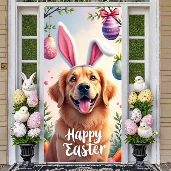 Cute Rabbit Happy Easter Banner Colorful Eggs Easter Display Flower
