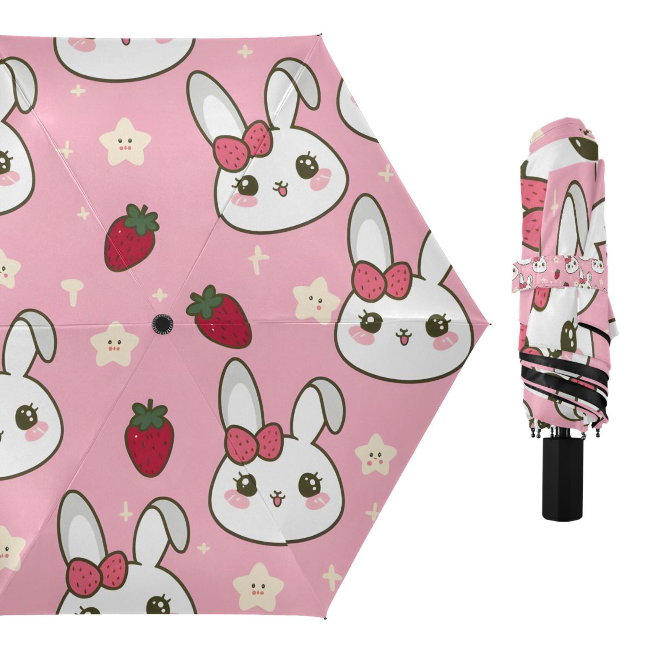 Cute Rabbit Head with Strawberry Compact Sun Umbrella Windproof Travel Umbrellas for Rain Strong Portable UV Protection