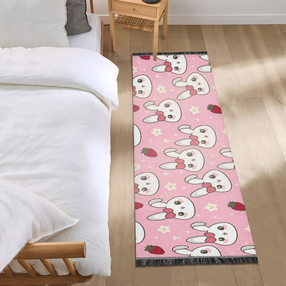 Cute Rabbit Head with Strawberry Runner Area Rug 2x6 Soft Non-Slip Washable Bedside Carpet for Hallway Bedroom Living Room Home Decor