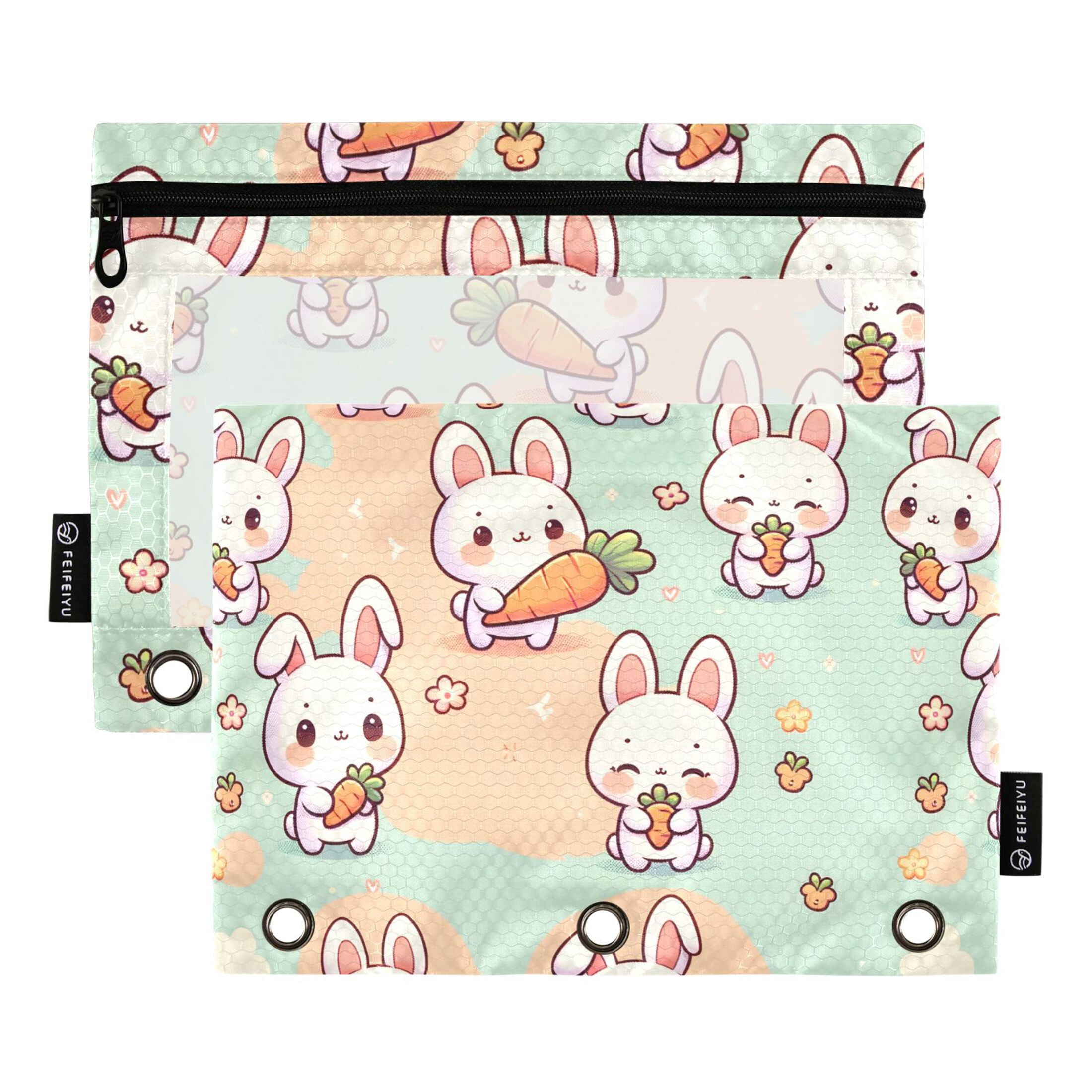 Cute Rabbit Hold Carrot 2 Pack Pencil Pouch for 3 Ring Binder Smooth ...