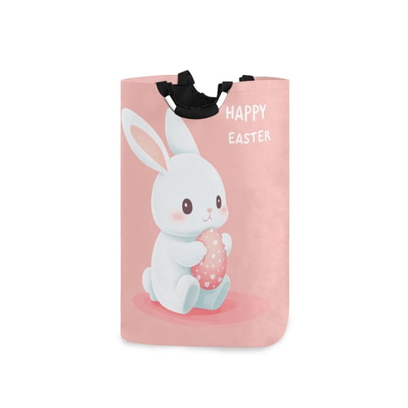 Cute Rabbit Holding Egg Easter Laundry Basket with Handles Foldable Laundry Hamper Freestanding Washing Bin 50L