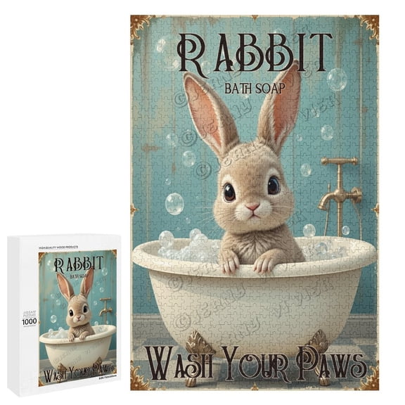 Cute Rabbit Is In The Bath Tub 1000 Piece Jigsaw Puzzle for Adults,Rabbit Puzzle - Unique Shape Animal Wood Puzzle, Fun Challenging Wooden Jigsaw Puzzles Gifts