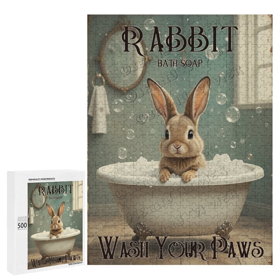 Cute Rabbit Is In The Bath Tub 500 Piece Jigsaw Puzzle - Easter Decorative Sign - Cute Bunny - 500 PC Jigsaw - Wooden