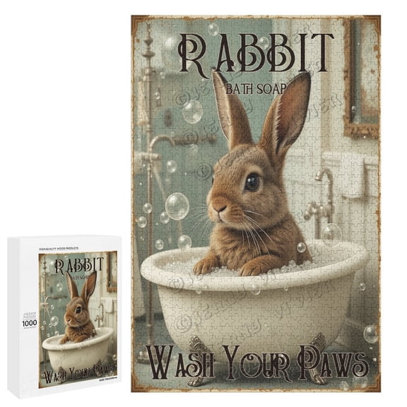 Cute Rabbit Is In The Bath Tub Jigsaw Puzzles for Adults 1000 Pieces, Unique Brain Challenging Shaped Puzzle for Game Night, Family, Friends, Puzzle Size is 29.5" x 19.7"