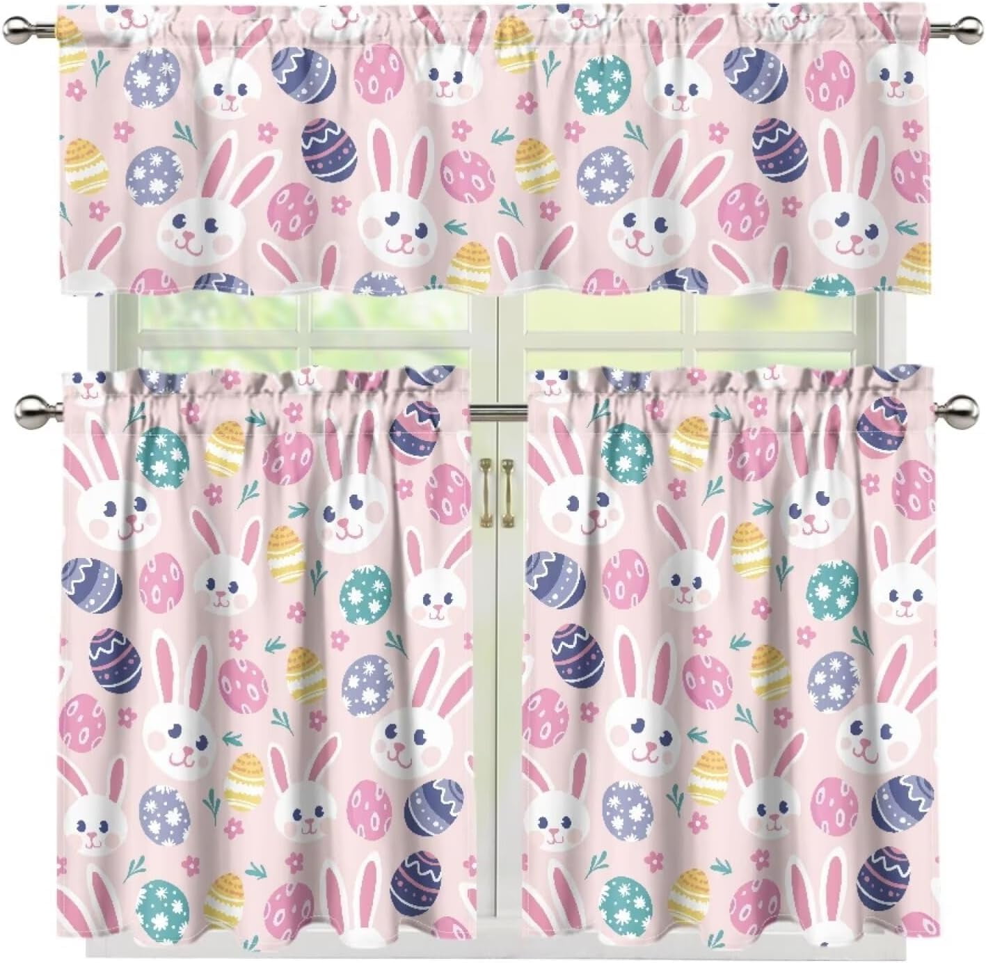 Cute Rabbit Kitchen Curtains Colorful Eggs Pink Window Curtain Tier and ...