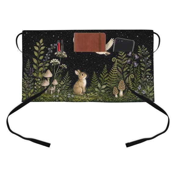 Cute Rabbit Kitchen Restaurant Half Waist Apron, Midnight Moon Forest Flying Owl Green Fern Fronds Mushroom Server Short Apron with 3 Pockets Waterproof Oil Waist Aprons for Women Waitress Waiter
