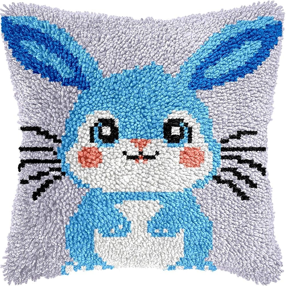 Cute Rabbit Latch Hook Pillow Cover Kits for DIY Handmade Throw Pillow Cross Stitch Latch Hooking Pillowcase Kits with Preprinted Color Pattern Canvas Crochet Yarn Kits 17''X 17''(7-176)