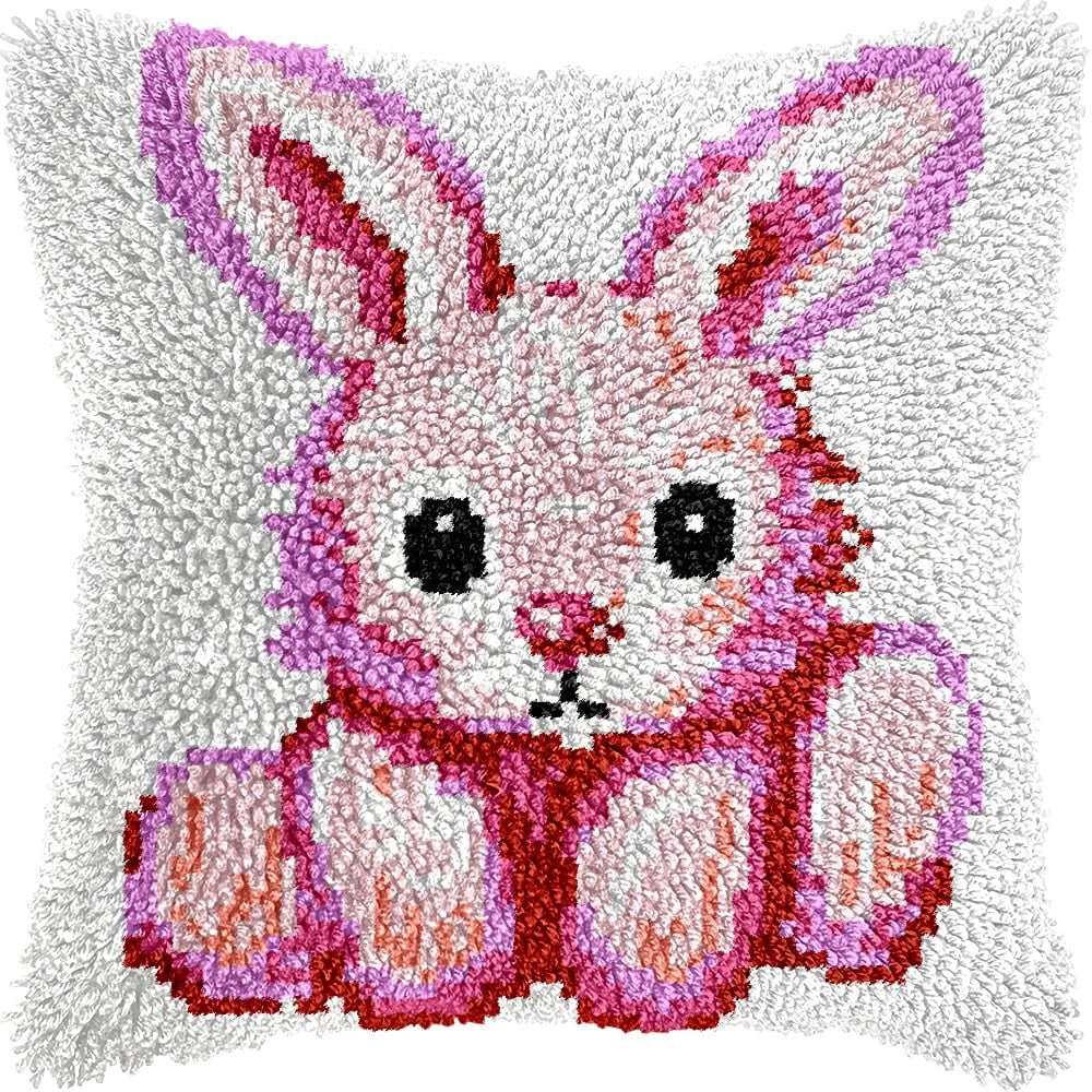 Cute Rabbit Latch Hook Pillow Kits for DIY Throw Pillow Cushion Embroidery Latch Hooking Pillowcase Kits with Preprinted Canvas Crochet Yarn Kits for Home Decor 17''X 17''(d289)