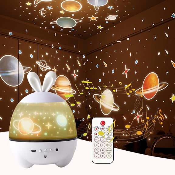 Cute Rabbit Night Light Projector, 4 Light Modes 360 Rotation Star Projector with 12 Projection Films & 8 Lullabies, USB Powered Timer Remote Mood Lamp for Kids Bedroom, Gift for Family Friends