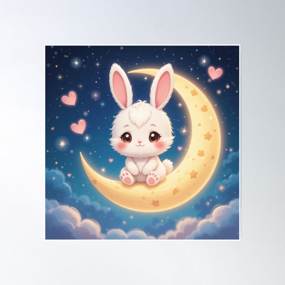 Cute Rabbit On The Moon In Dark Blue Background Poster Wall Art, Modern Wall Decor, 30x30 UNFRAMED