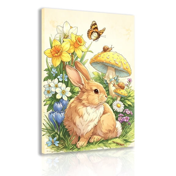 Cute Rabbit Pastoral-Style Canvas Print with Frame – Featuring Spring Rabbit and Floral Illustrations and Soft-Toned Woodland Rabbit Art; Suitable for Children's Rooms and Living Room Wall Decor
