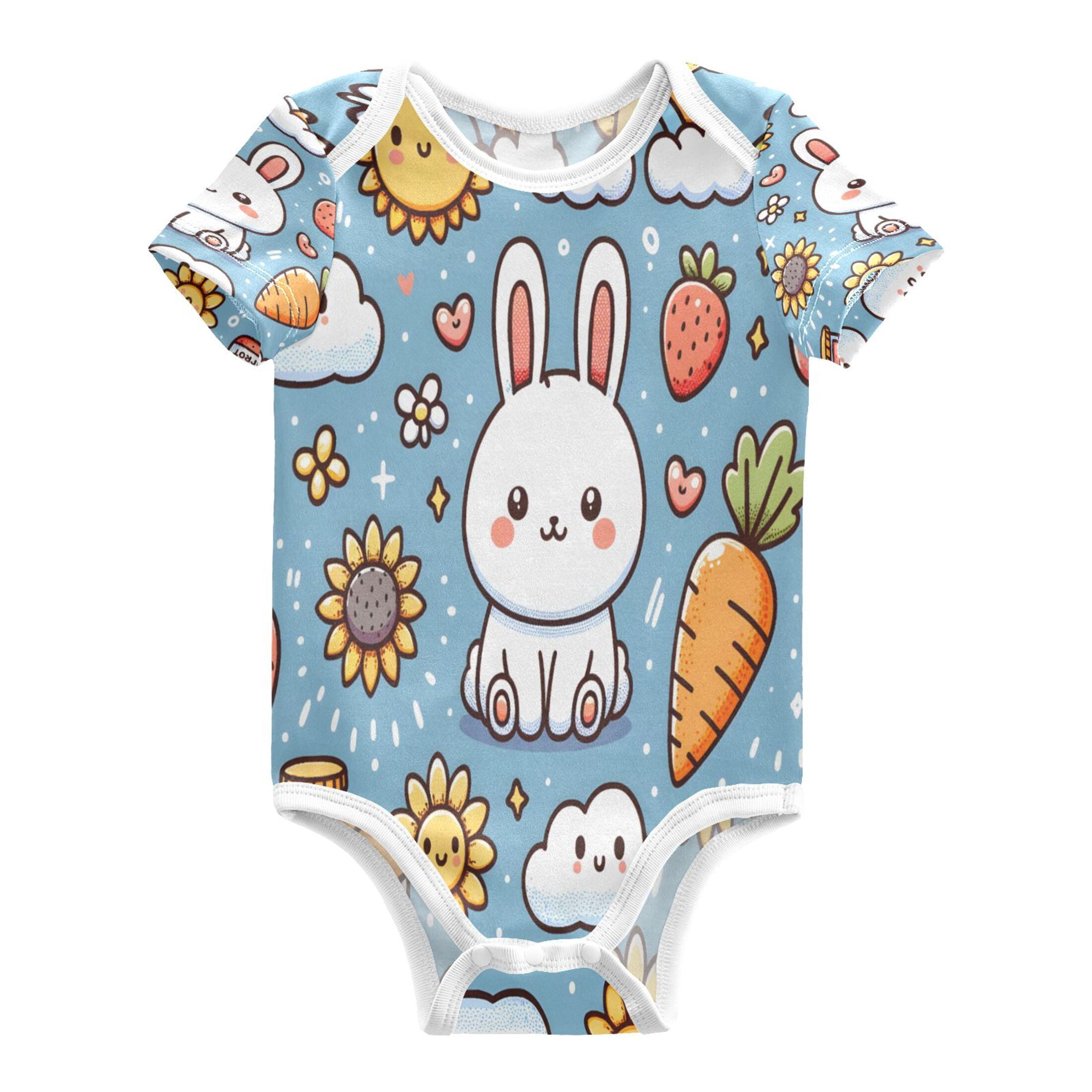 Cute Rabbit Pattern Baby Bodysuits 100% Cotton Short Sleeve for 0-24 ...